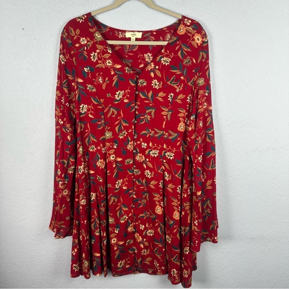 Entro Soft Red Floral Bell Sleeves Dress Large - Picture 1 of 7